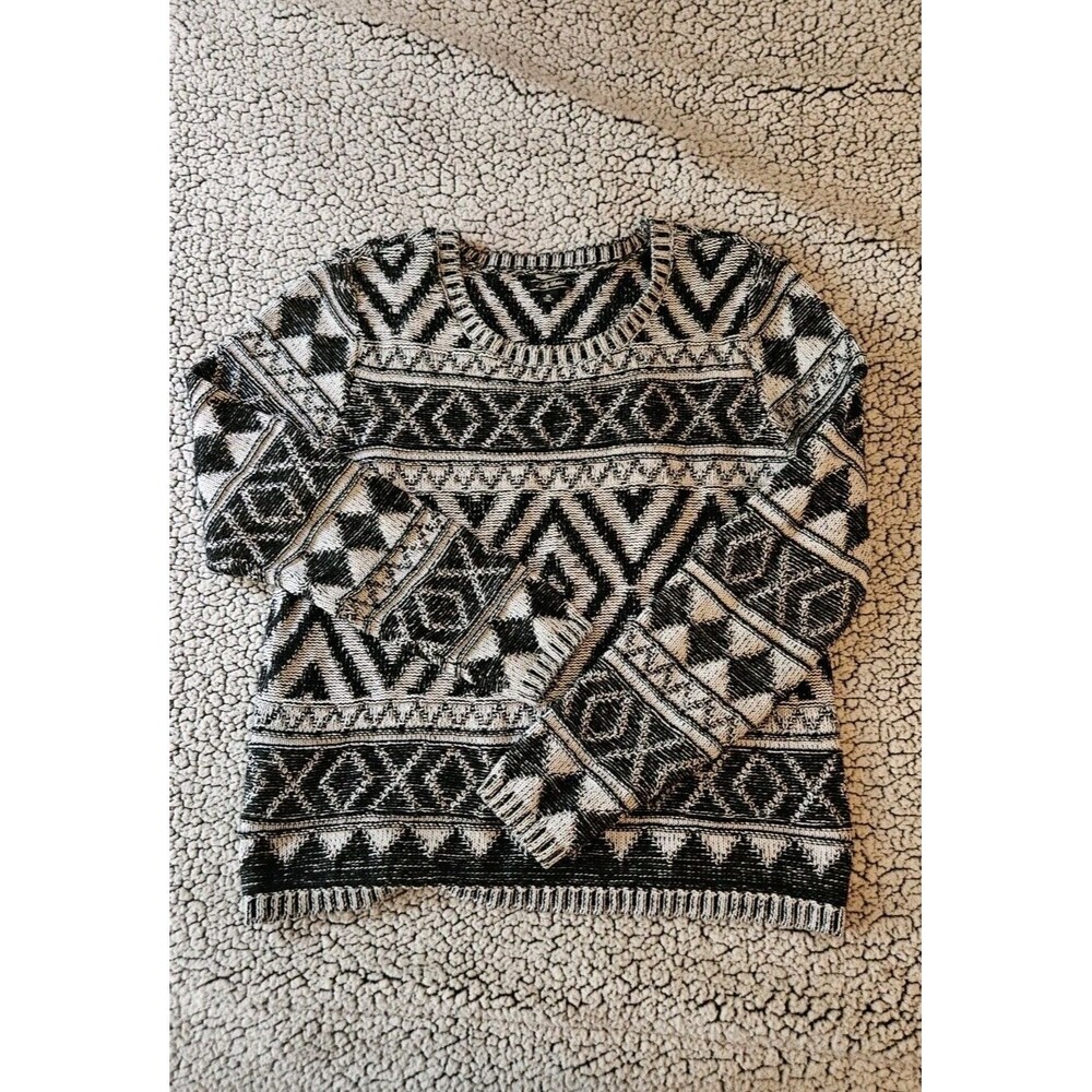 Lucky Brand Womens XL Black White Geometric Fair Isle Jacquard Pullover Sweater